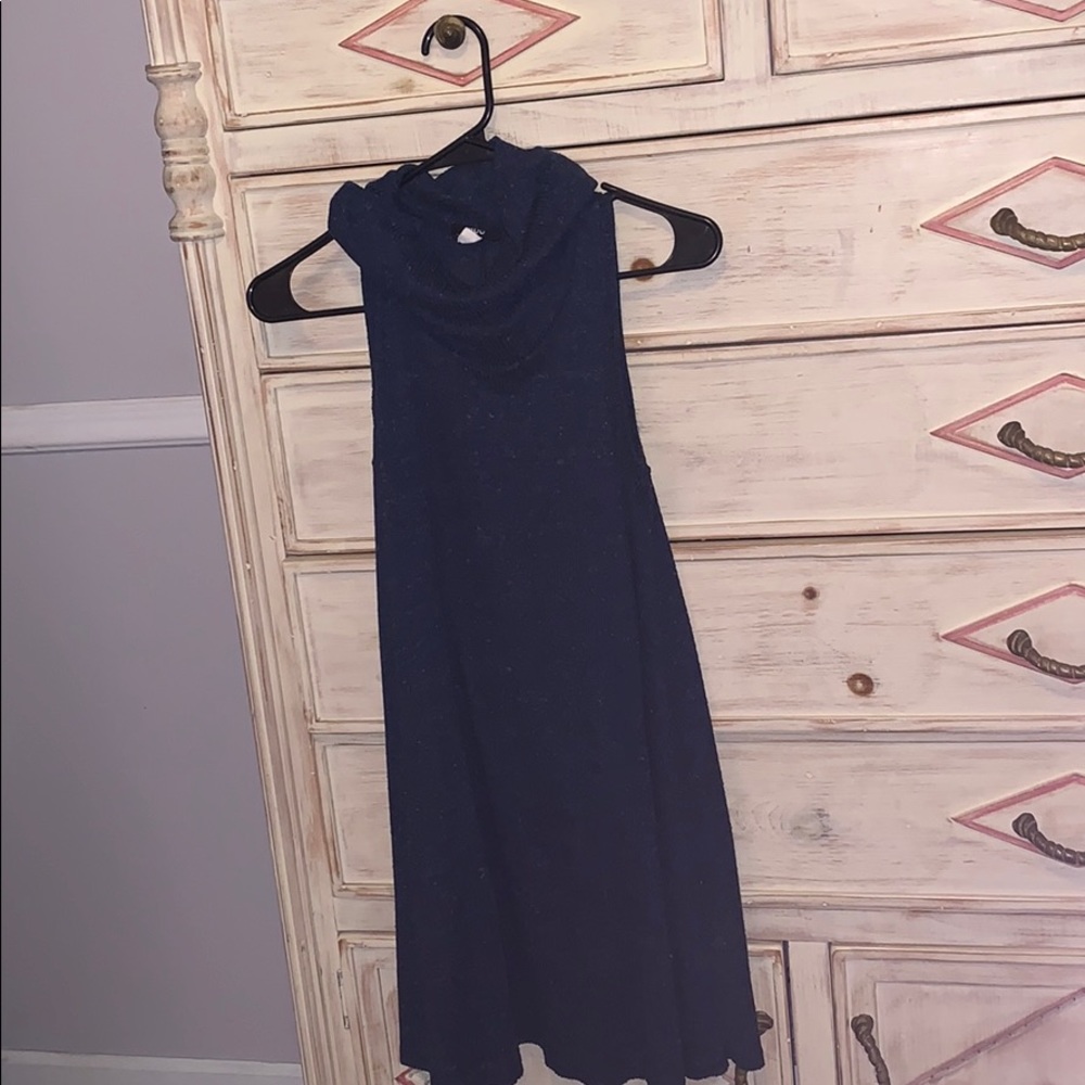Navy blue sleeveless turtleneck sweater dress
